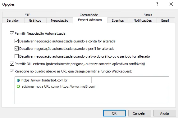 Aba Expert Advisors, nas opções do MetaTrader 5, com a lista de URLs permitidas para o WebRequest